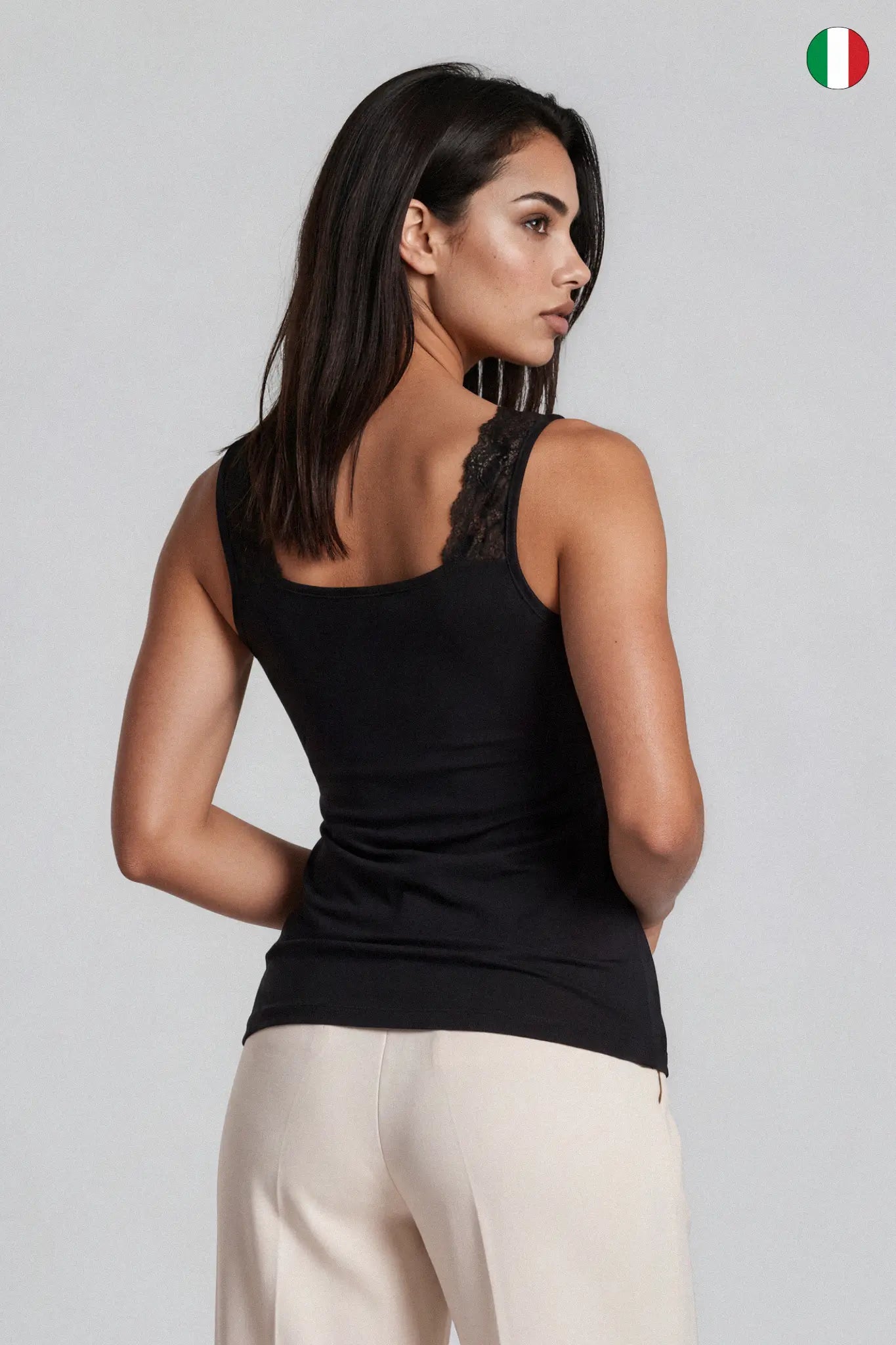 Canotta a Spalla Larga in Micro Modal e Pizzo Scollo Quadrato