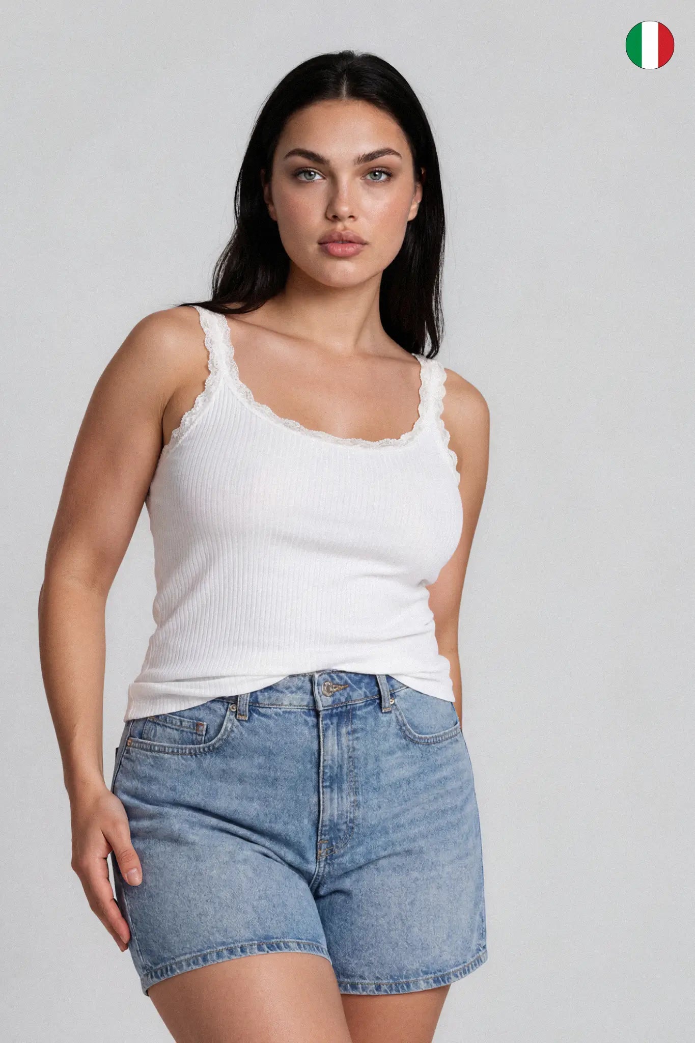 Top a Spalla Stretta in Costina Bamboo con Pizzo