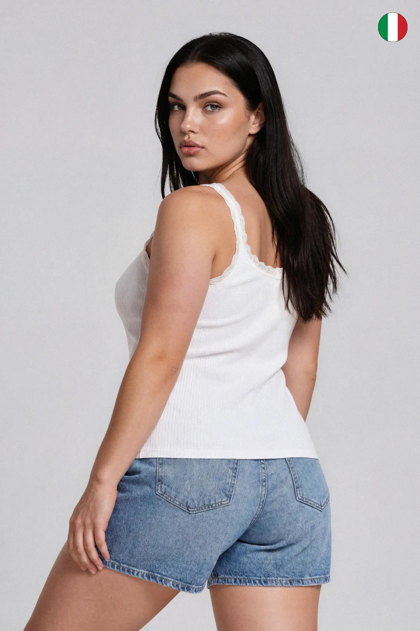 Top a Spalla Stretta in Costina Bamboo con Pizzo