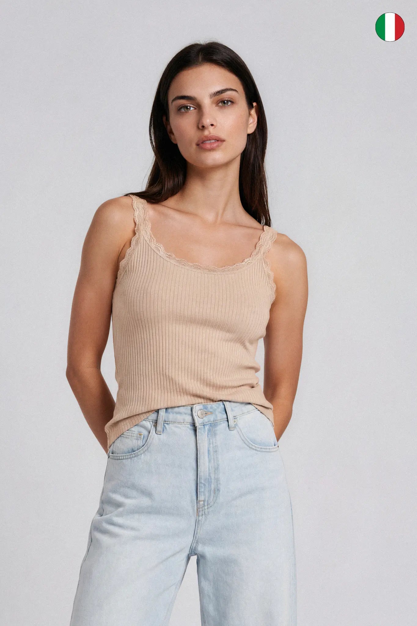 Top a Spalla Stretta in Costina Bamboo con Pizzo