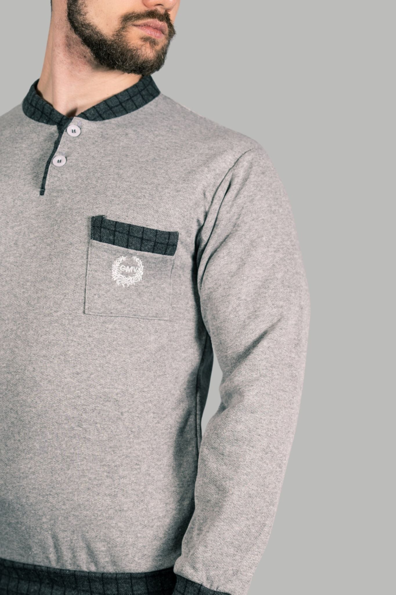 Pigiama Lungo in Cotone Felpato Scollo Serafino