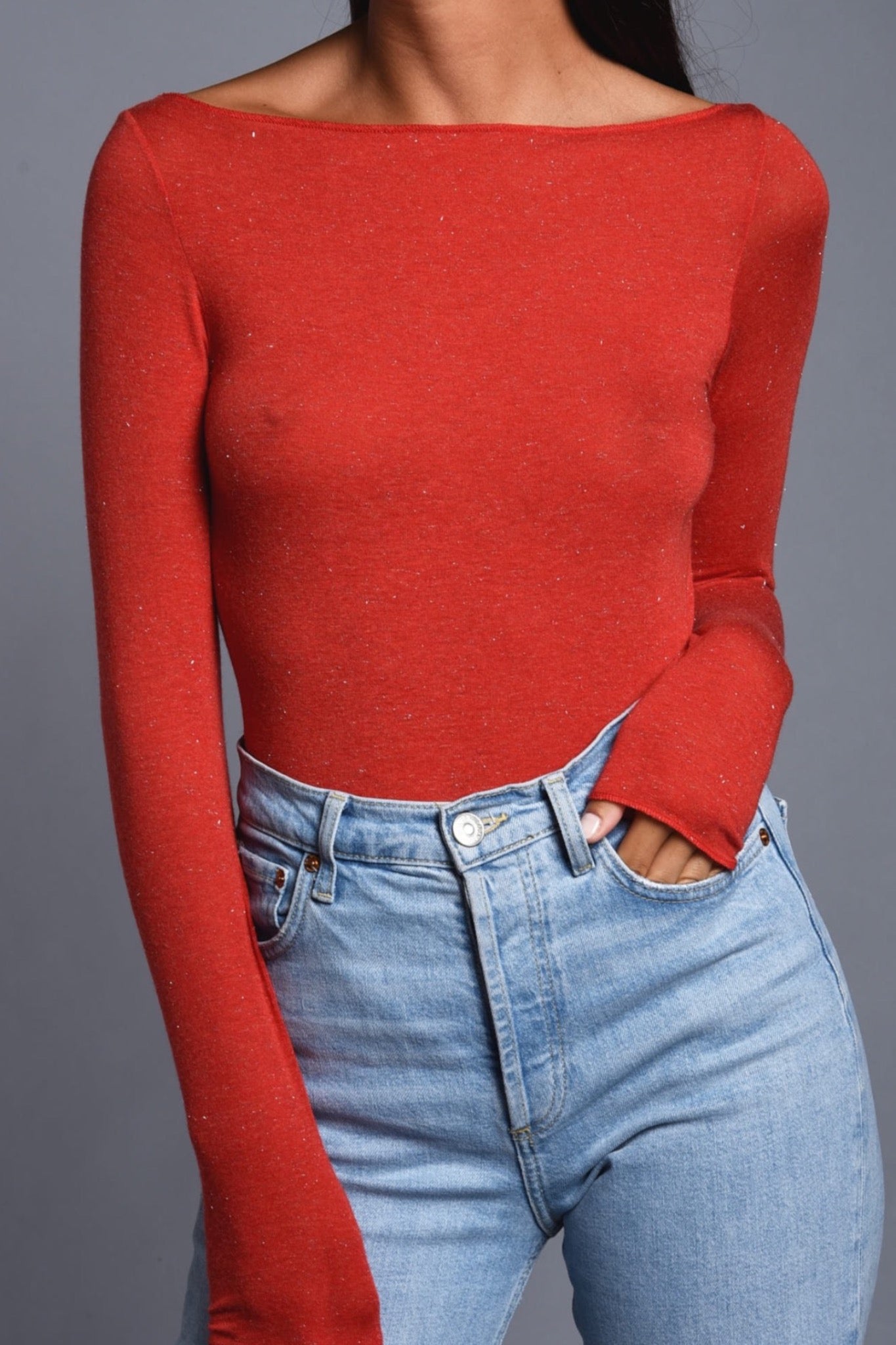 Maglia a Manica Lunga in Modal Ultralight con Cashmere Lamè Scollo Barchetta