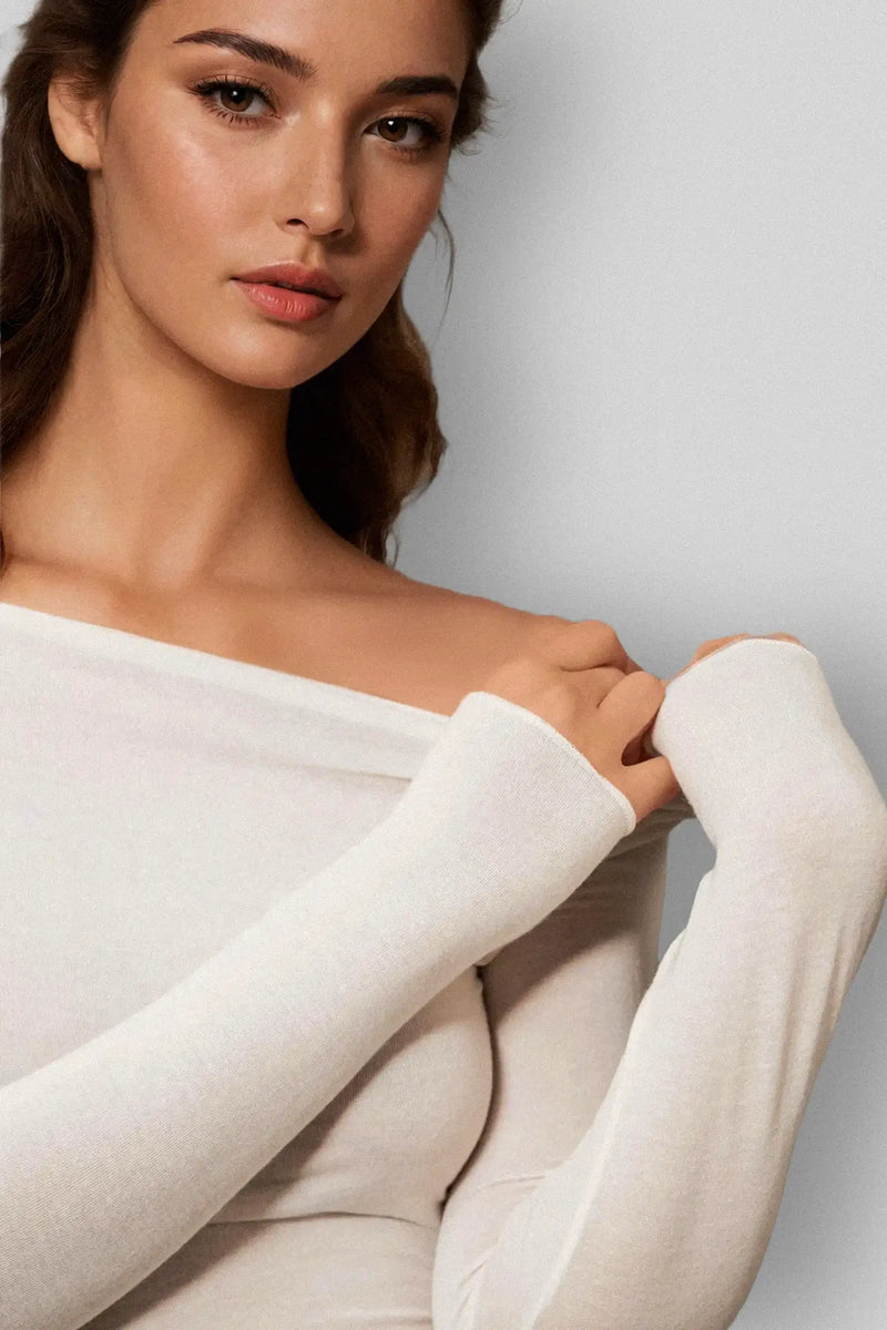 Maglia a Manica Lunga in Modal Ultralight con Cashmere Scollo Barchetta