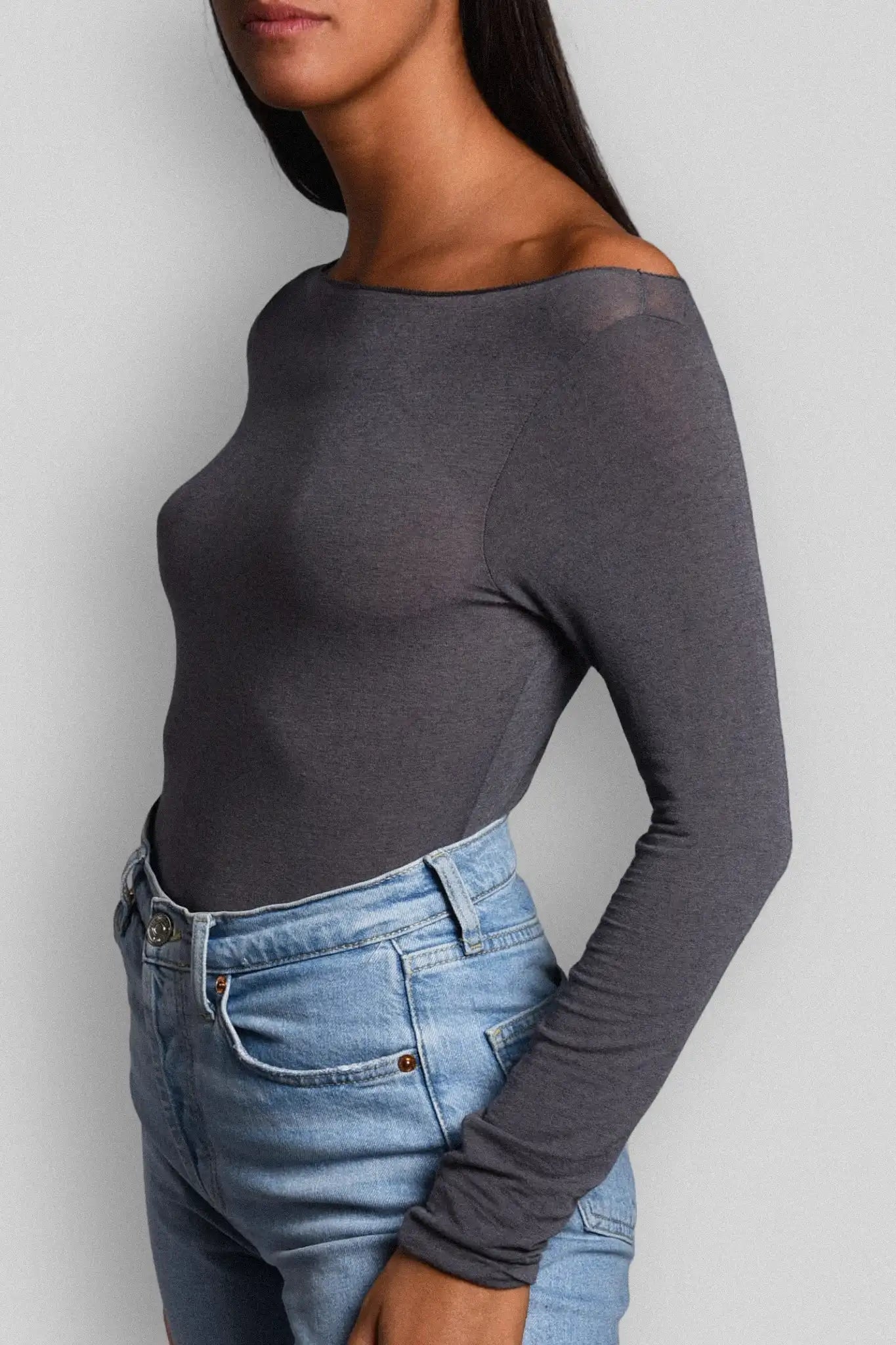 Maglia a Manica Lunga in Modal Ultralight con Cashmere Scollo Barchetta