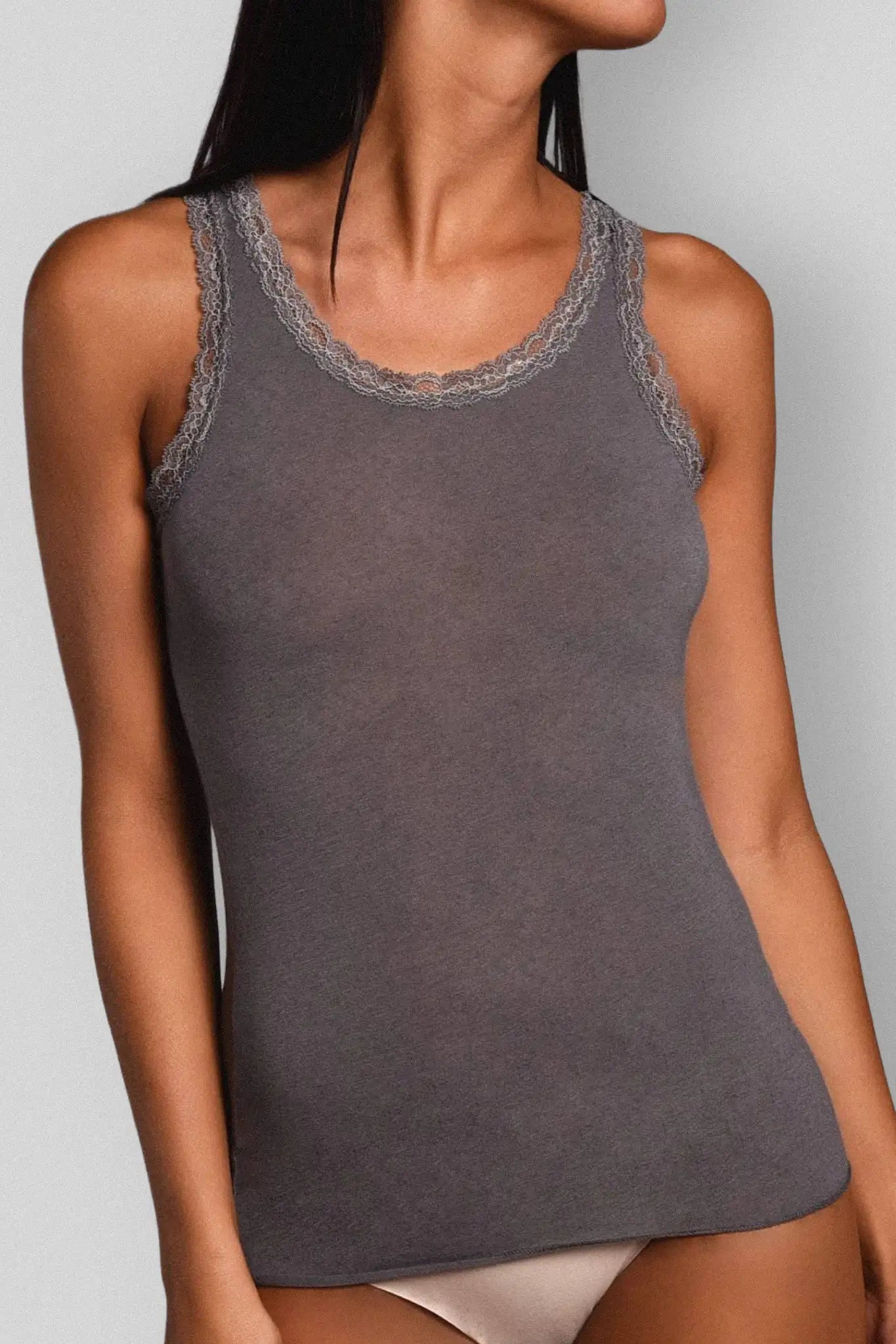 Canotta a Spalla Larga in Modal Ultralight con Cashmere e Pizzo