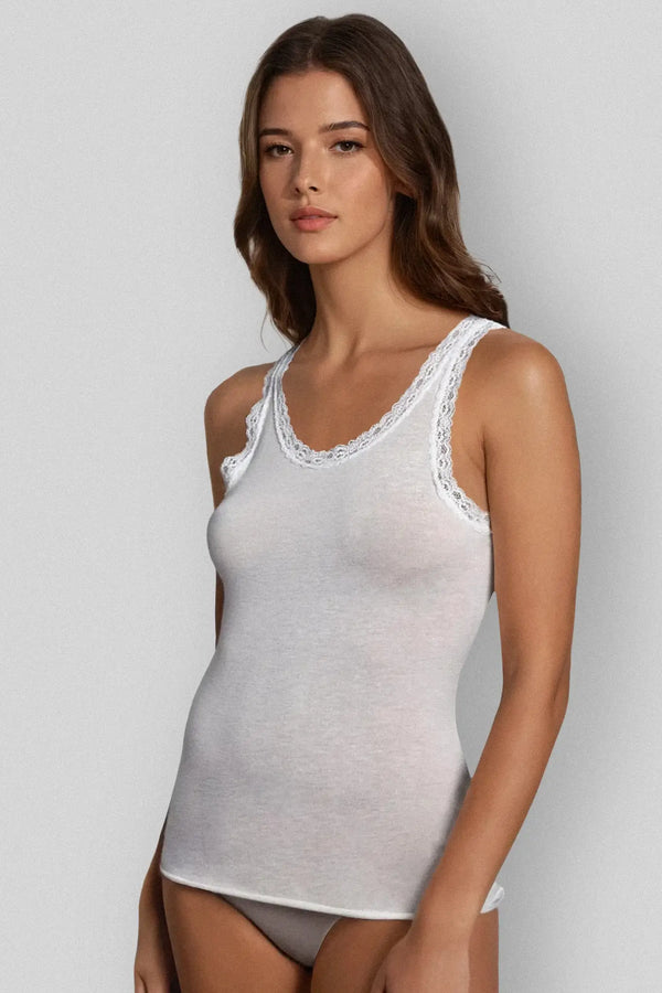 Canotta a Spalla Larga in Modal Ultralight con Cashmere e Pizzo
