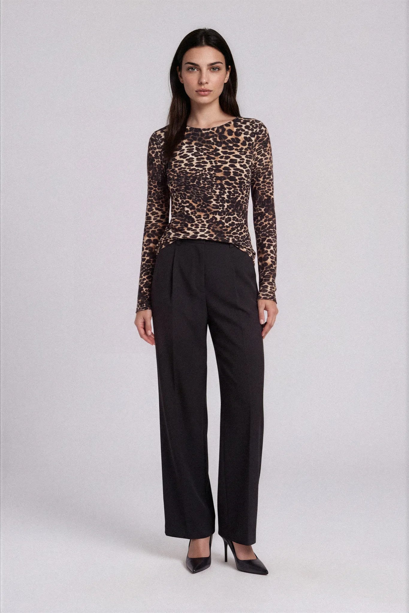 Maglia a Manica Lunga in Modal Ultralight con Cashmere Girocollo Leopard