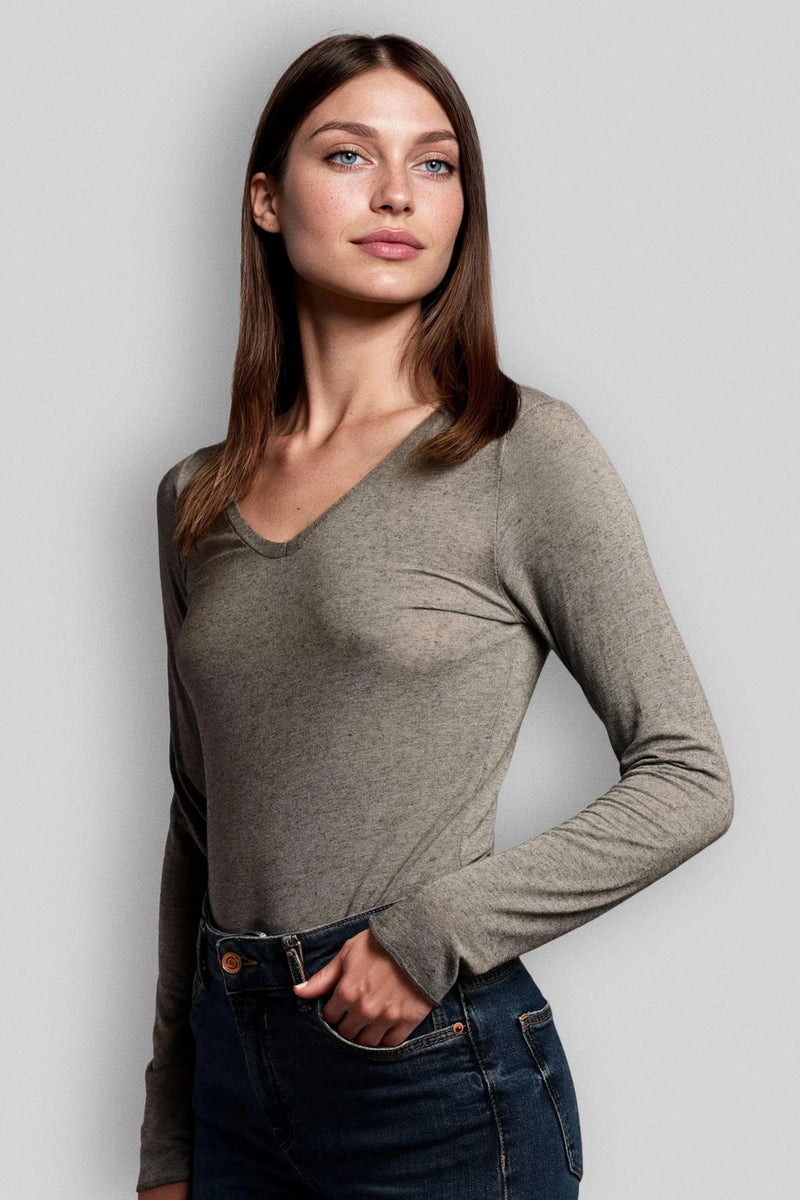 Maglia a Manica Lunga in Modal Ultralight con Cashmere Scollo a V