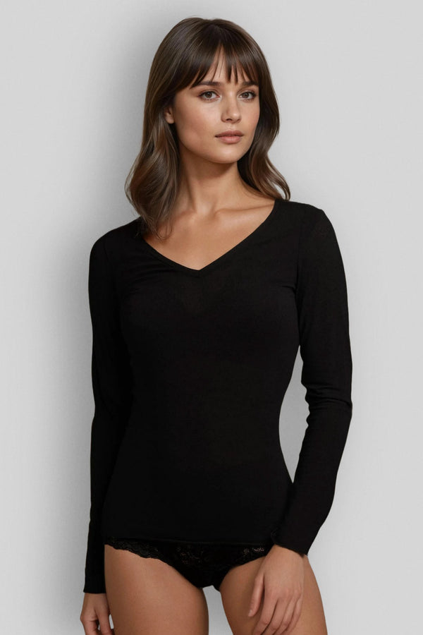 Maglia a Manica Lunga in Modal Ultralight con Cashmere Scollo a V