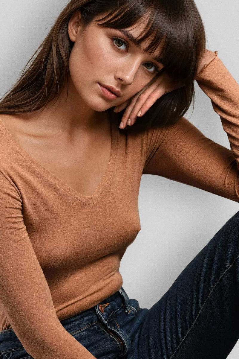 Maglia a Manica Lunga in Modal Ultralight con Cashmere Scollo a V