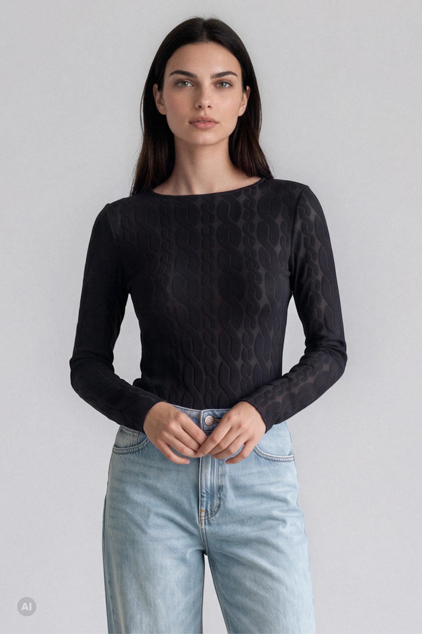 Maglia a Manica Lunga Treccia in Modal Ultralight con Cashmere Girocollo