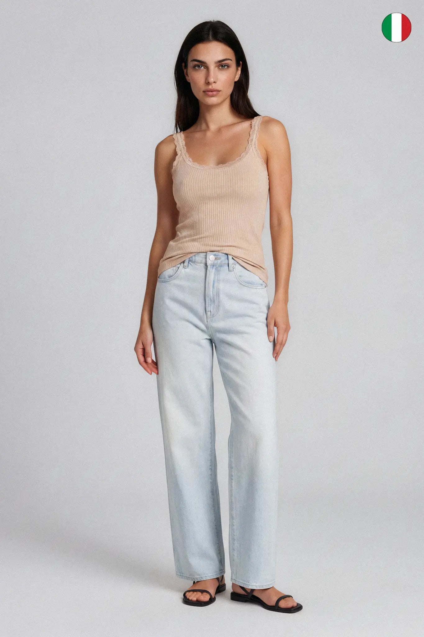 Top a Spalla Stretta in Costina Bamboo con Pizzo