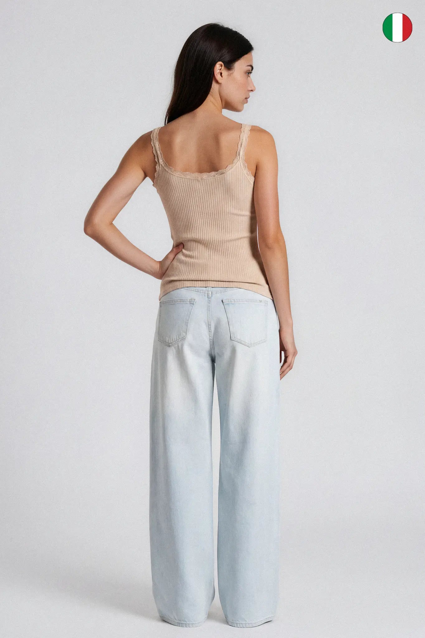 Top a Spalla Stretta in Costina Bamboo con Pizzo