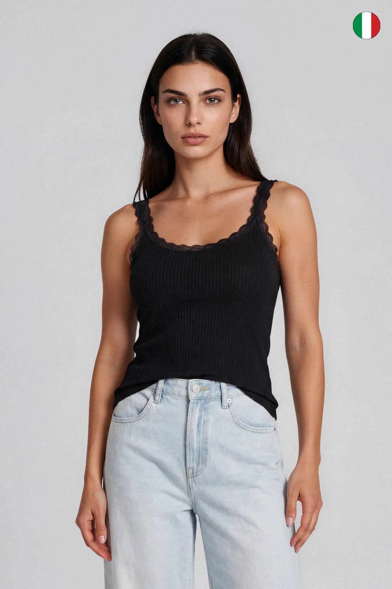 Top a Spalla Stretta in Costina Bamboo con Pizzo