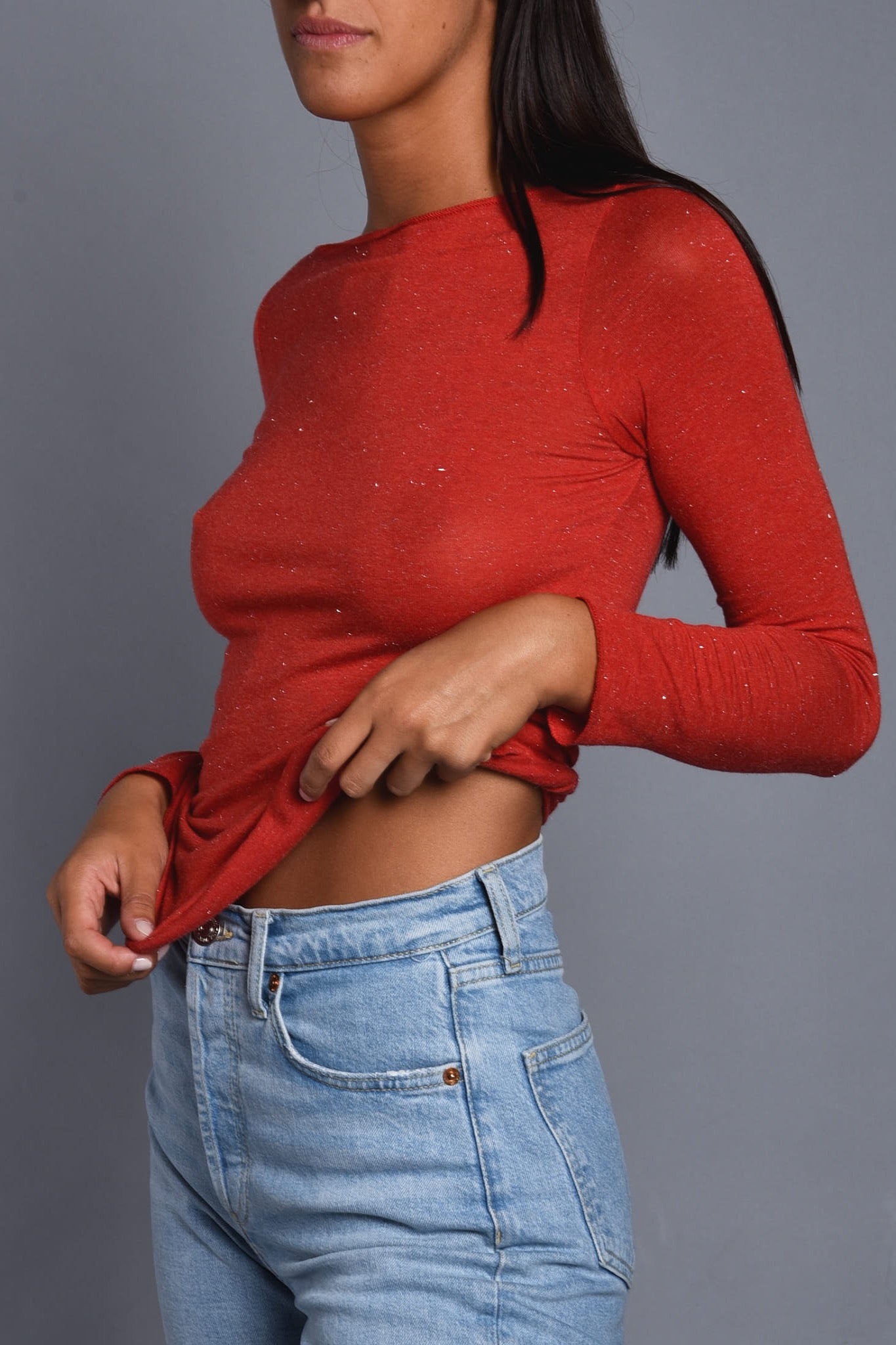 Maglia a Manica Lunga in Modal Ultralight con Cashmere Lamè Scollo Barchetta