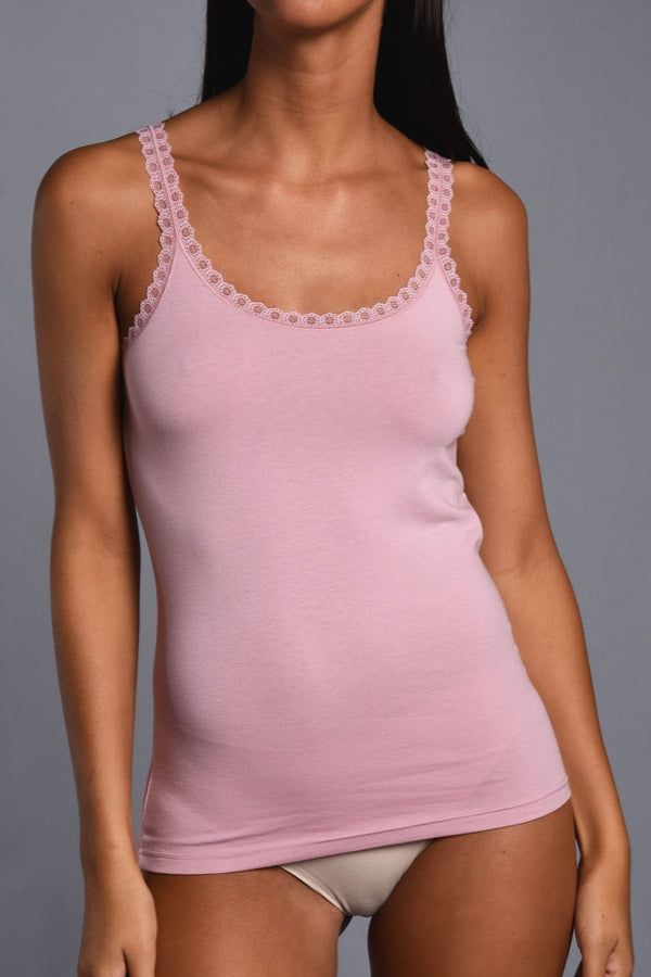 Top Spallini Sottili in Cotone Modal con Pizzo Scollo Tondo