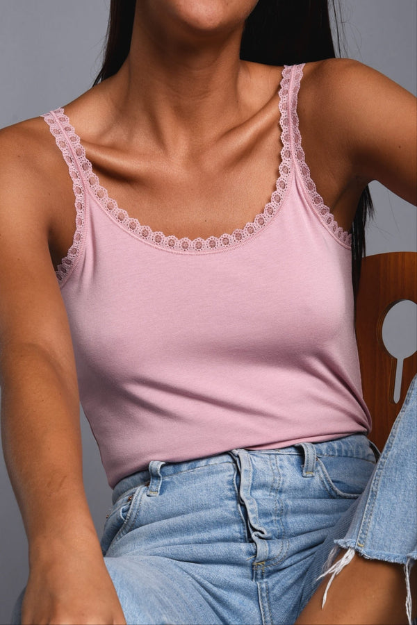 Top Spallini Sottili in Cotone Modal con Pizzo Scollo Tondo